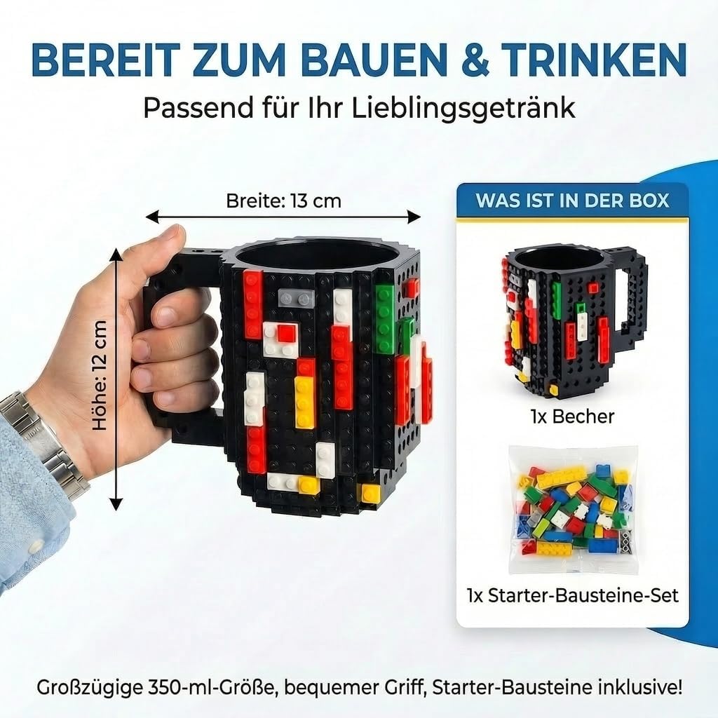 Brick Mug - Bausteine-Kaffeetasse 350ml - Kompatibler DIY Becher #Farbe_Schwarz