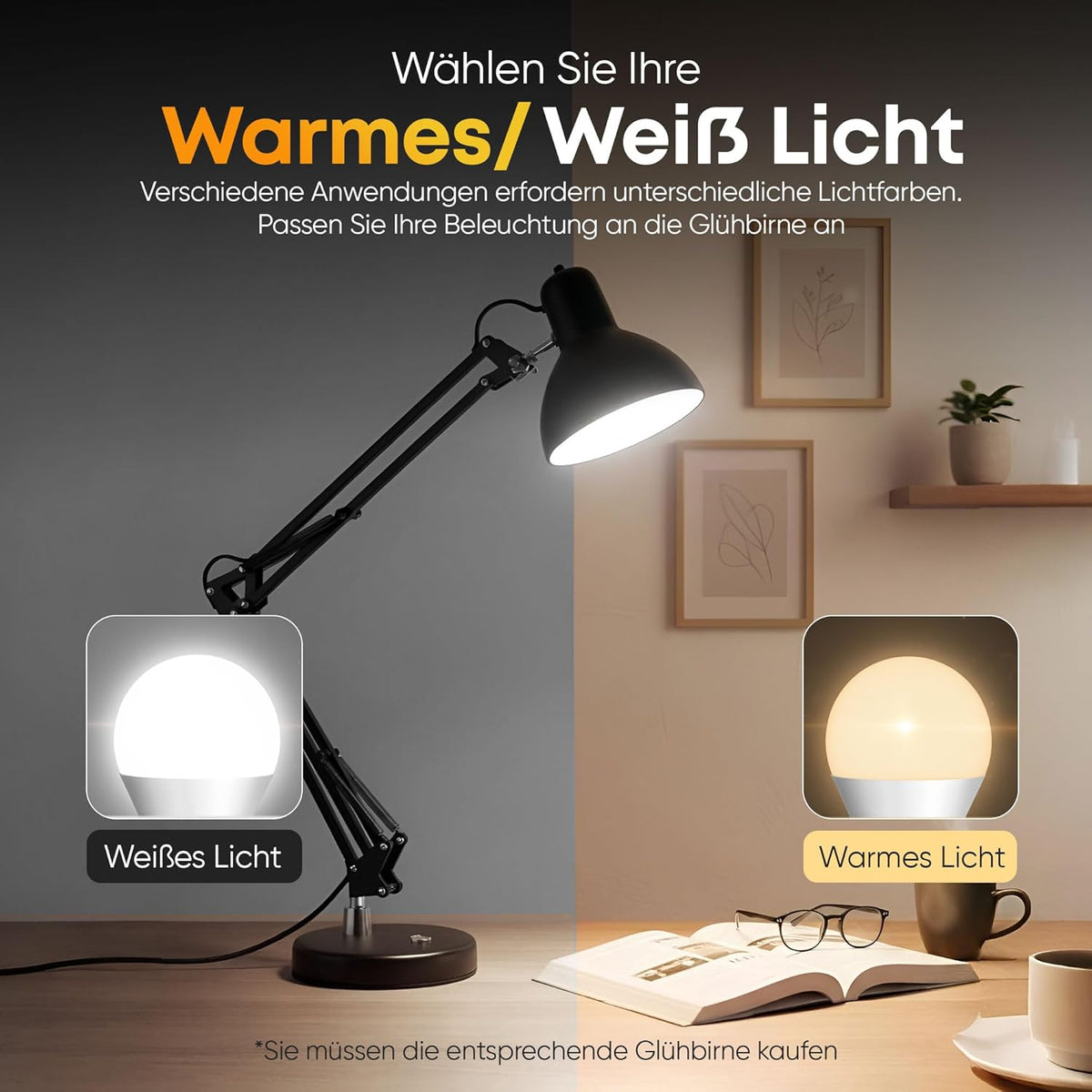 Retro Schreibtischlampe - Vintage Arbeitslampe mit Gelenk-Arm & LED #Farbe_Schwarz