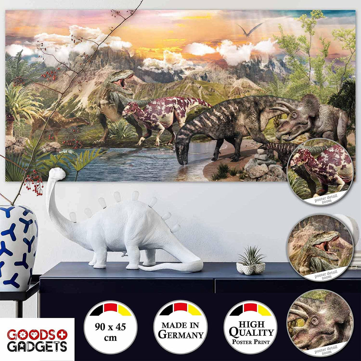 XXL Dinosaurier Poster 90x45cm - Premium Dino Wandbild für Kinder #Variante_Seenlandschaft