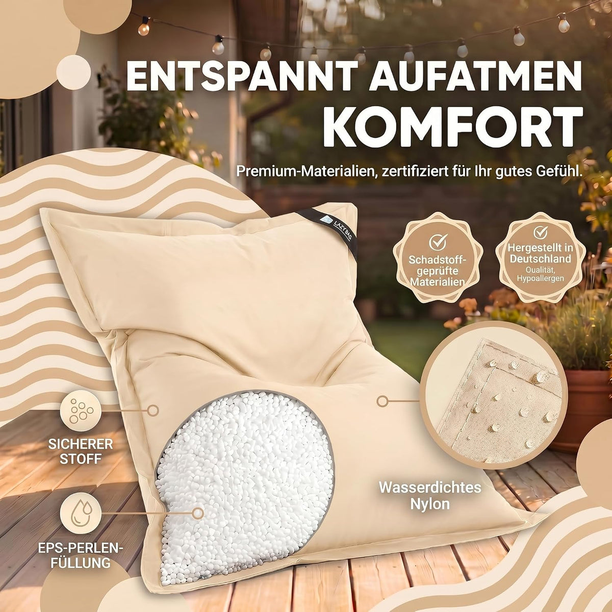 LazyBag XXL Outdoor-Nylon-Sitzsack Beige – Produktbild 6 #Farbe_Beige