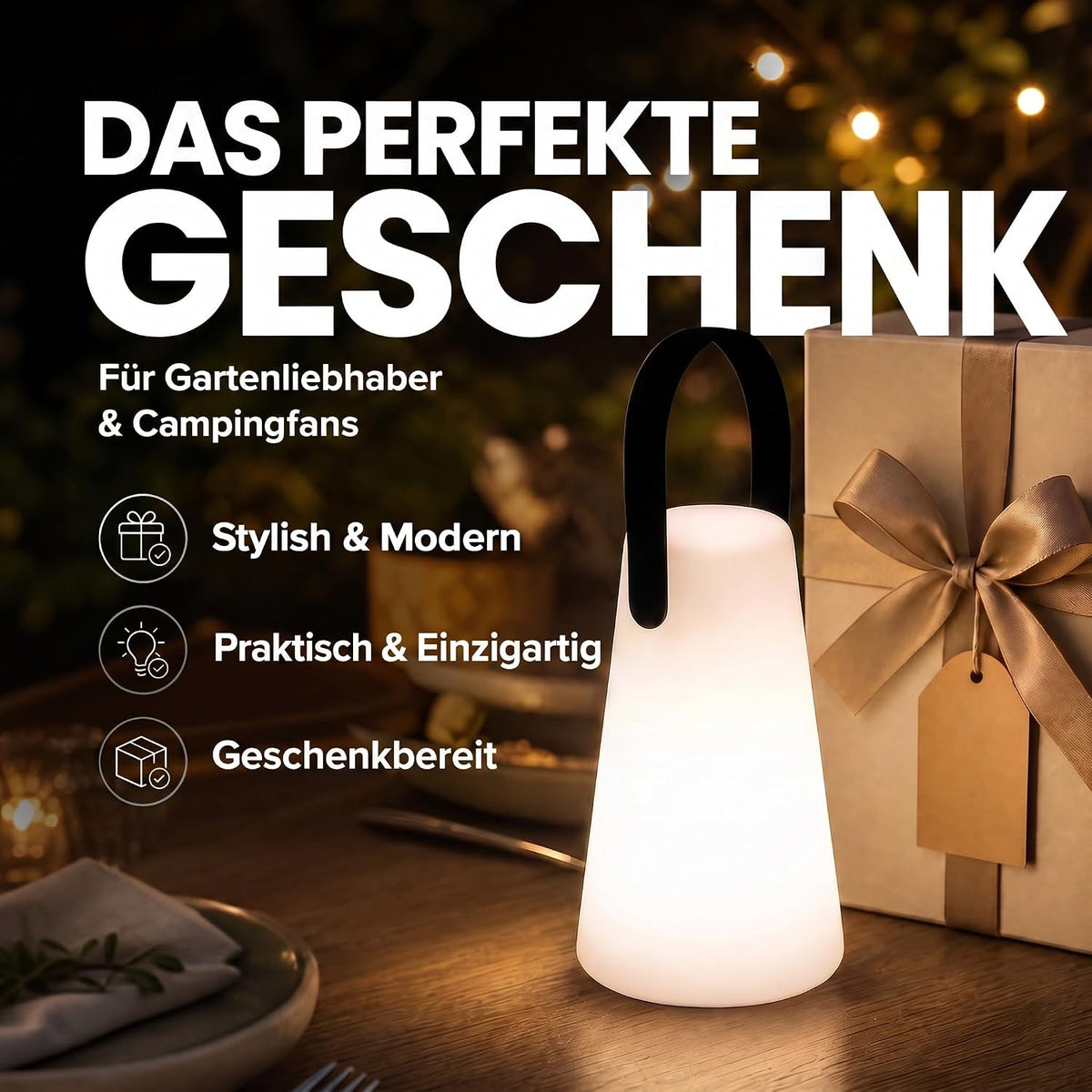 LED Outdoor Lampe mit Akku - Wasserfeste Tisch- & Hängeleuchte #Variante_Lampe mit Aufhänger