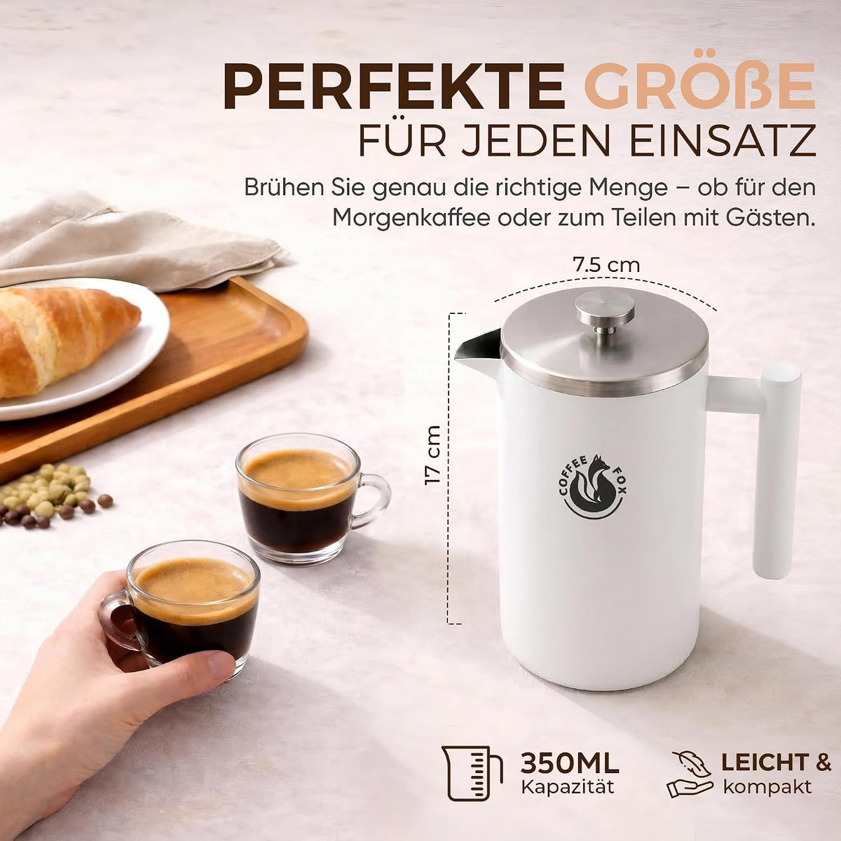 Coffee Fox French Press weiß 350ml – Maße 7,5 × 17 cm #Größe_350ml