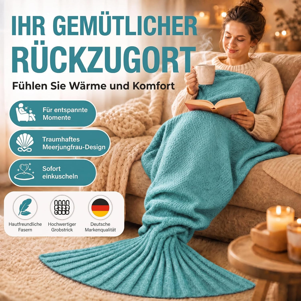 Feluna Meerjungfrau Kuscheldecke – 180x85 cm – Weiche Strickdecke #Farbe_Mint-Grün