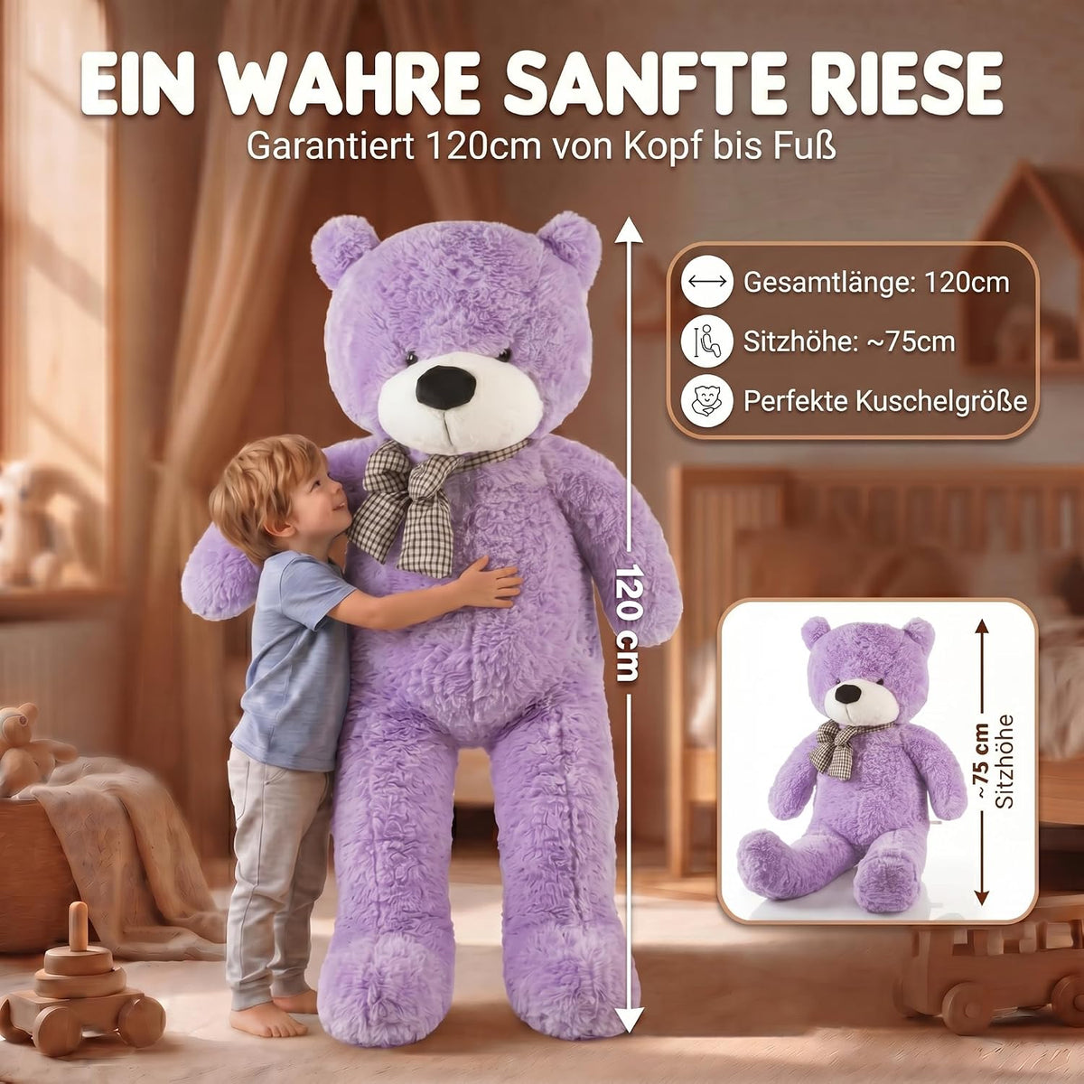 Riesen Teddybär 120 cm XXL – Kuscheliger Plüschbär Hellbraun #Farbe_Lila