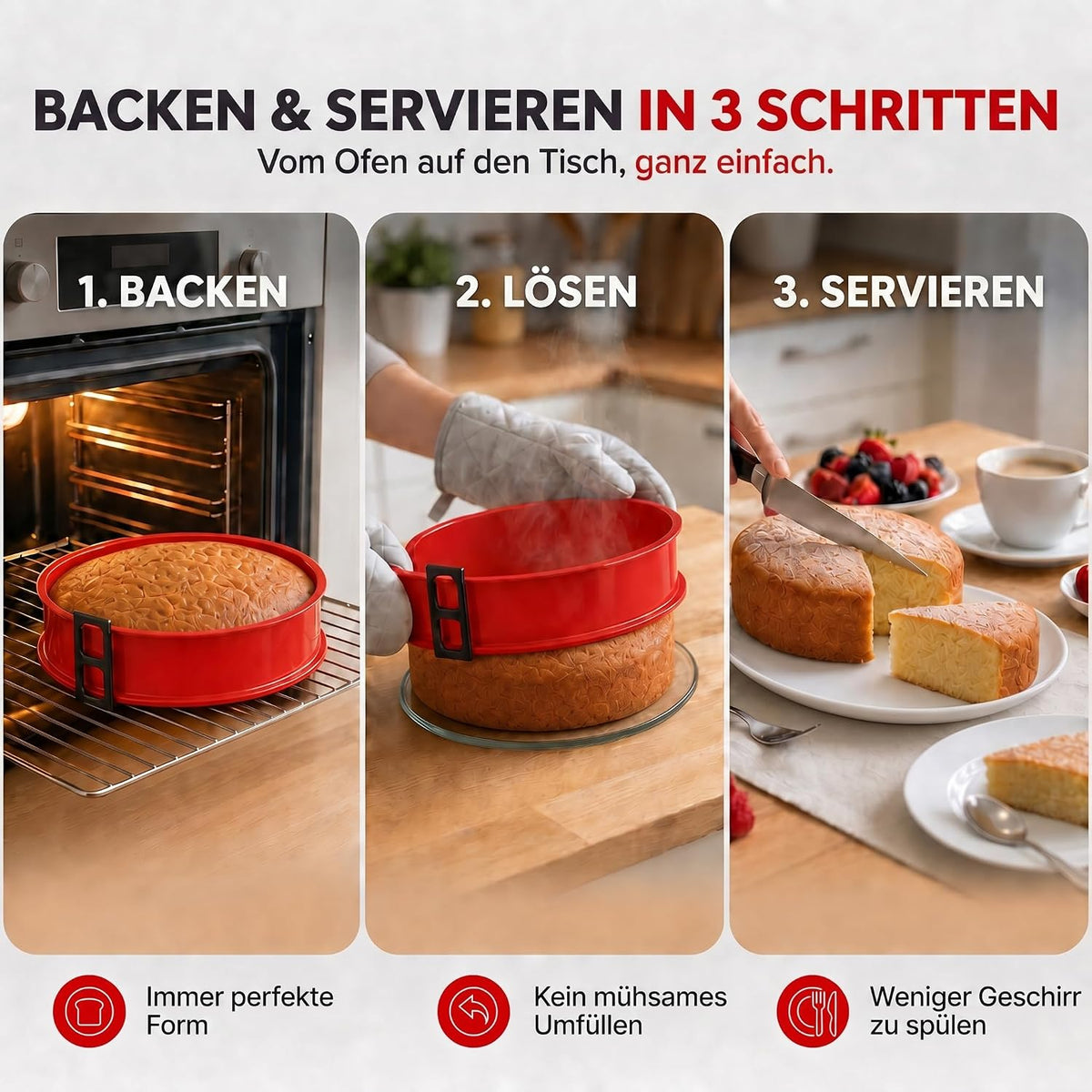 Silikon-Springform 23cm mit Glasboden – Auslaufsicher & Antihaft #Farbe_Rot