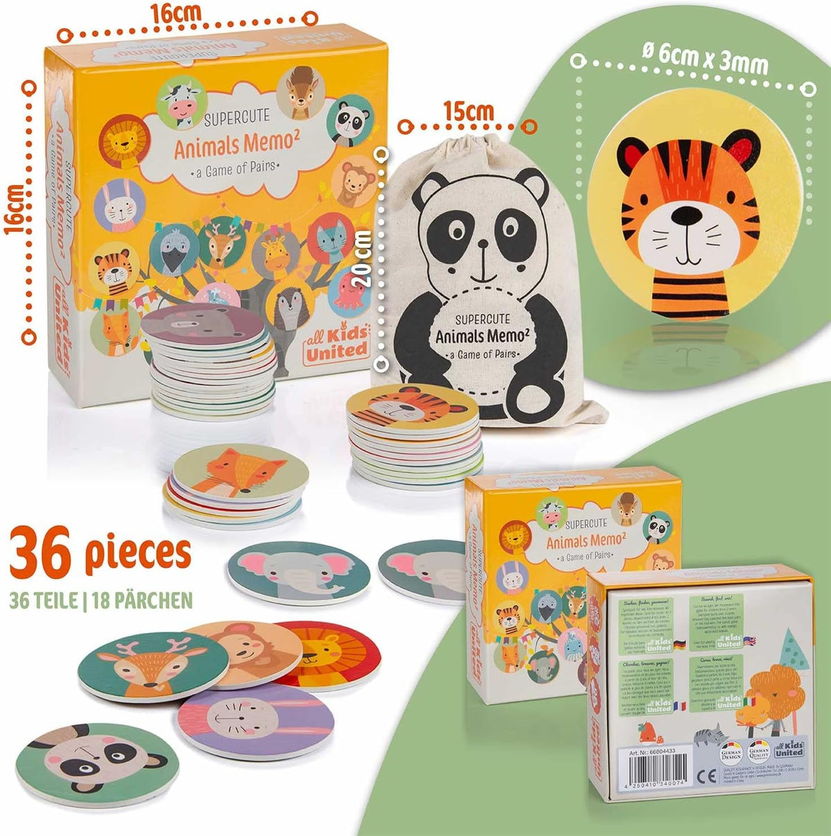 Memo² Holz-Memory für Kinder - Hochwertiges Tier-Gedächtnisspiel #Variante_Holz Deluxe (36 Karten)