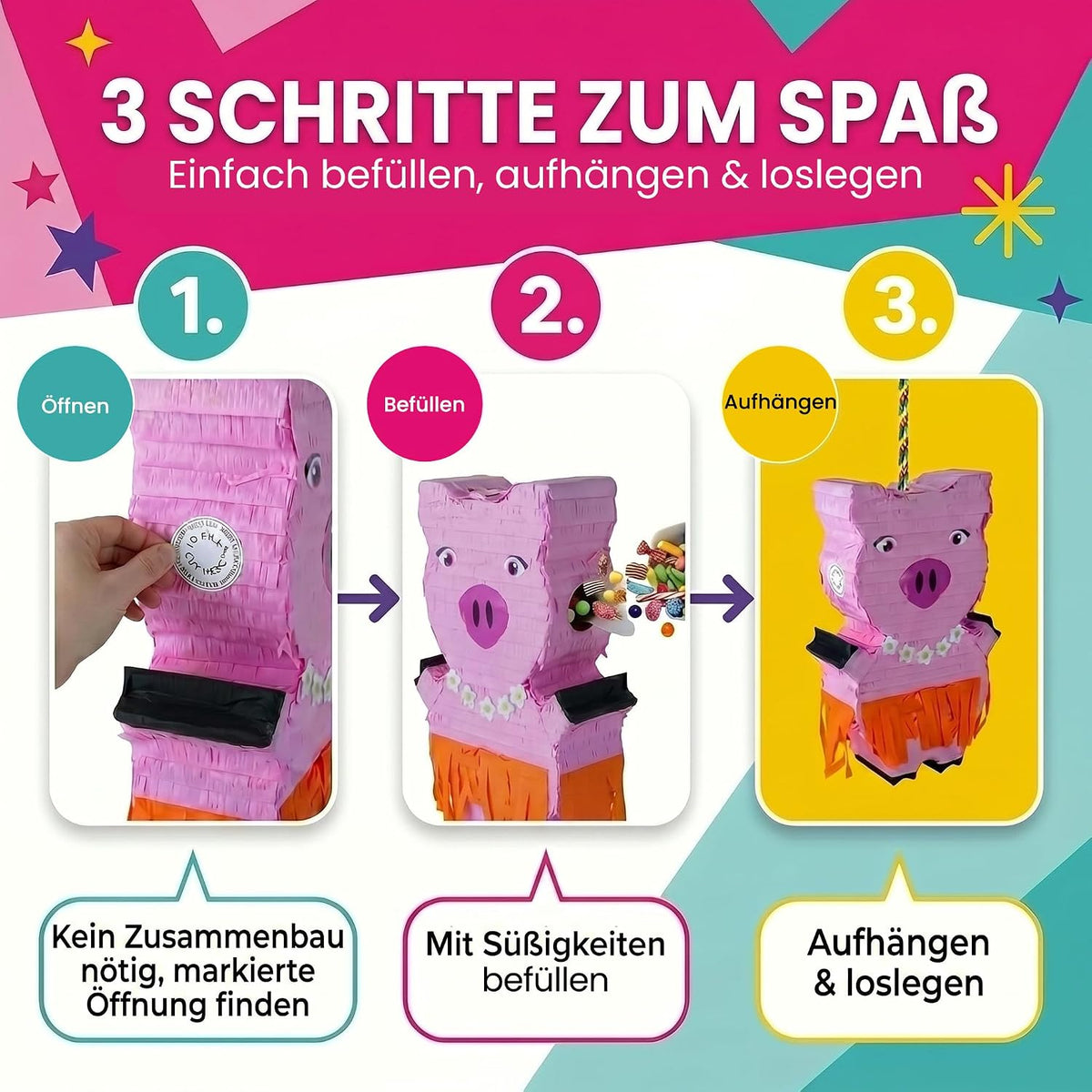 Pinata Schwein zum Befüllen - Inkl. Stick & Augenmaske - Party-Deko
