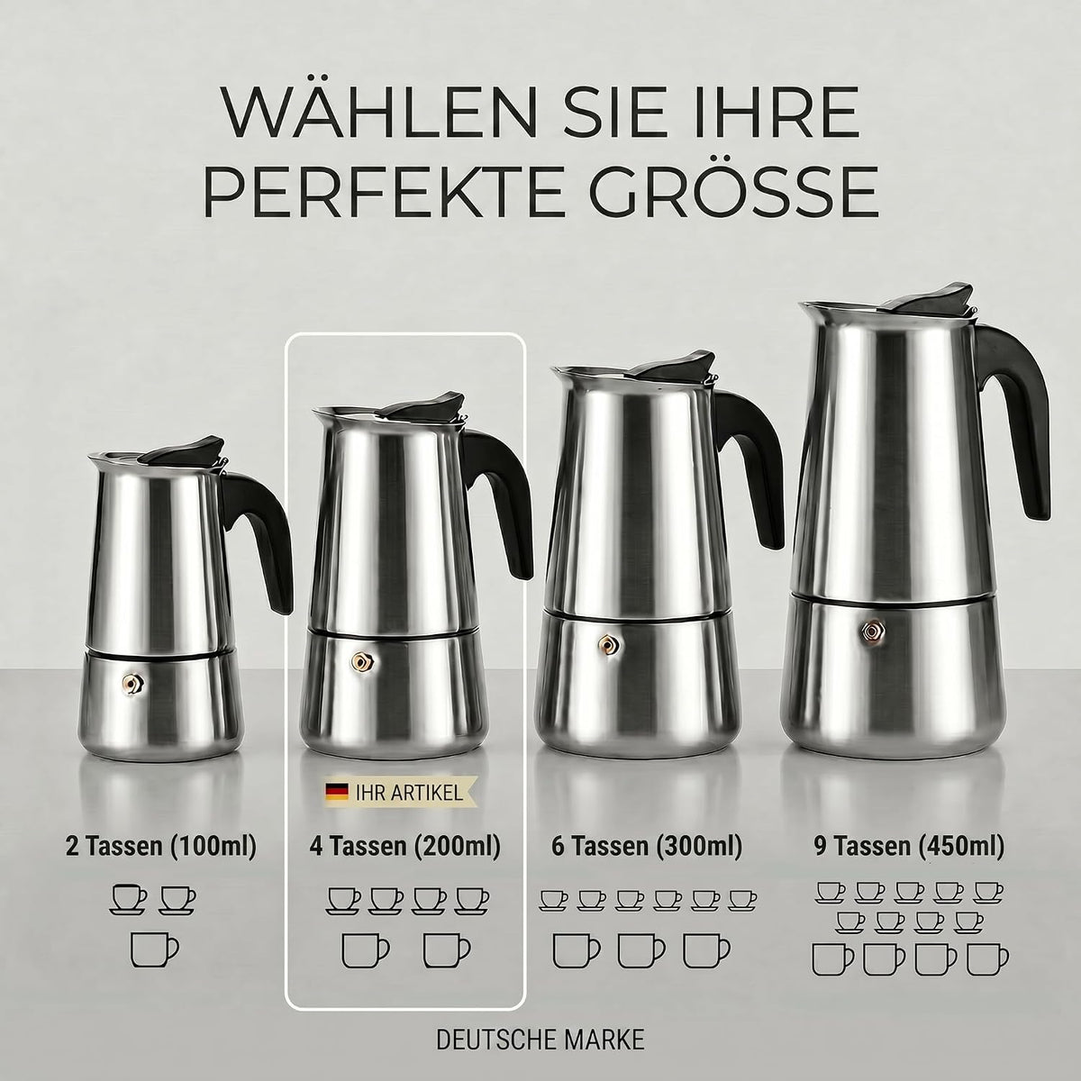 Coffee Fox Espressokocher Edelstahl – 2, 4, 6 oder 9 Tassen