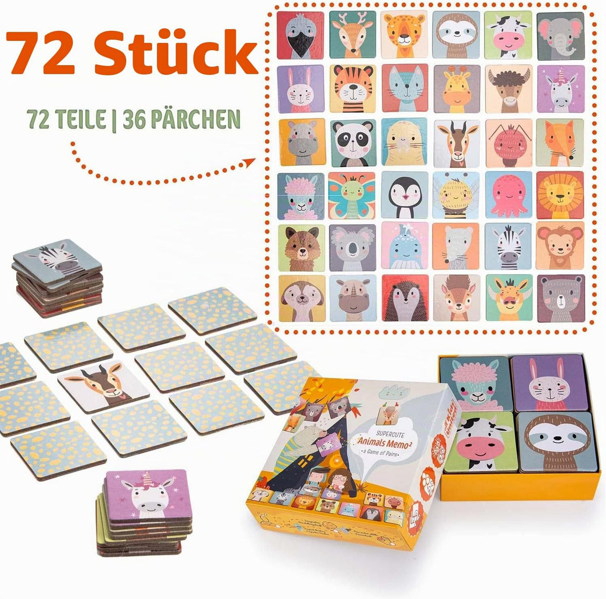 Memo² Holz-Memory für Kinder - Hochwertiges Tier-Gedächtnisspiel #Variante_Standard (72 Karten)