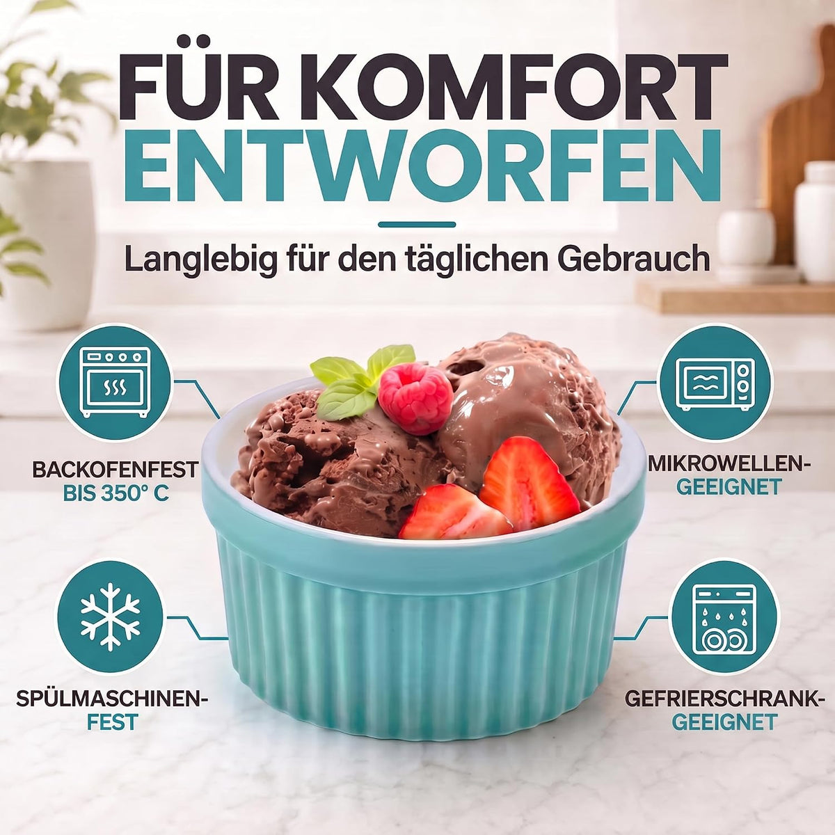 8er Set Dessertschalen & Creme-Brulée-Förmchen aus Keramik Weiß #Farbe_Türkies