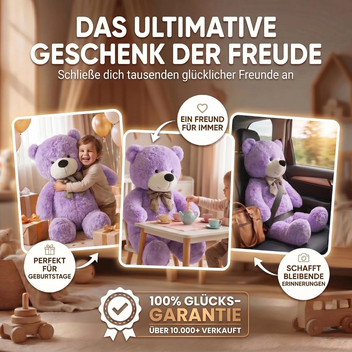 Riesen Teddybär 120 cm XXL – Kuscheliger Plüschbär Hellbraun #Farbe_Lila