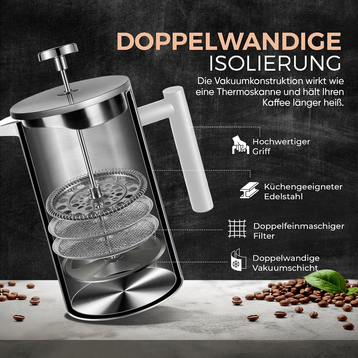 Coffee Fox French Press 350 oder 1000 ml – Doppelwandige Edelstahl-Kaffeekanne