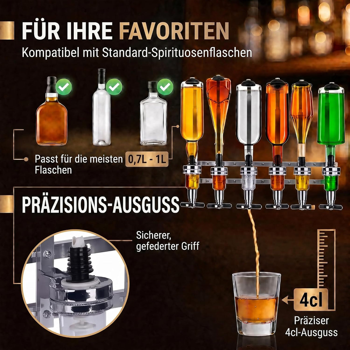 4-fach Wand-Spirituosenspender - Hochwertiger Bar-Butler & Portionierer #Variante_6-fach Wandmontage