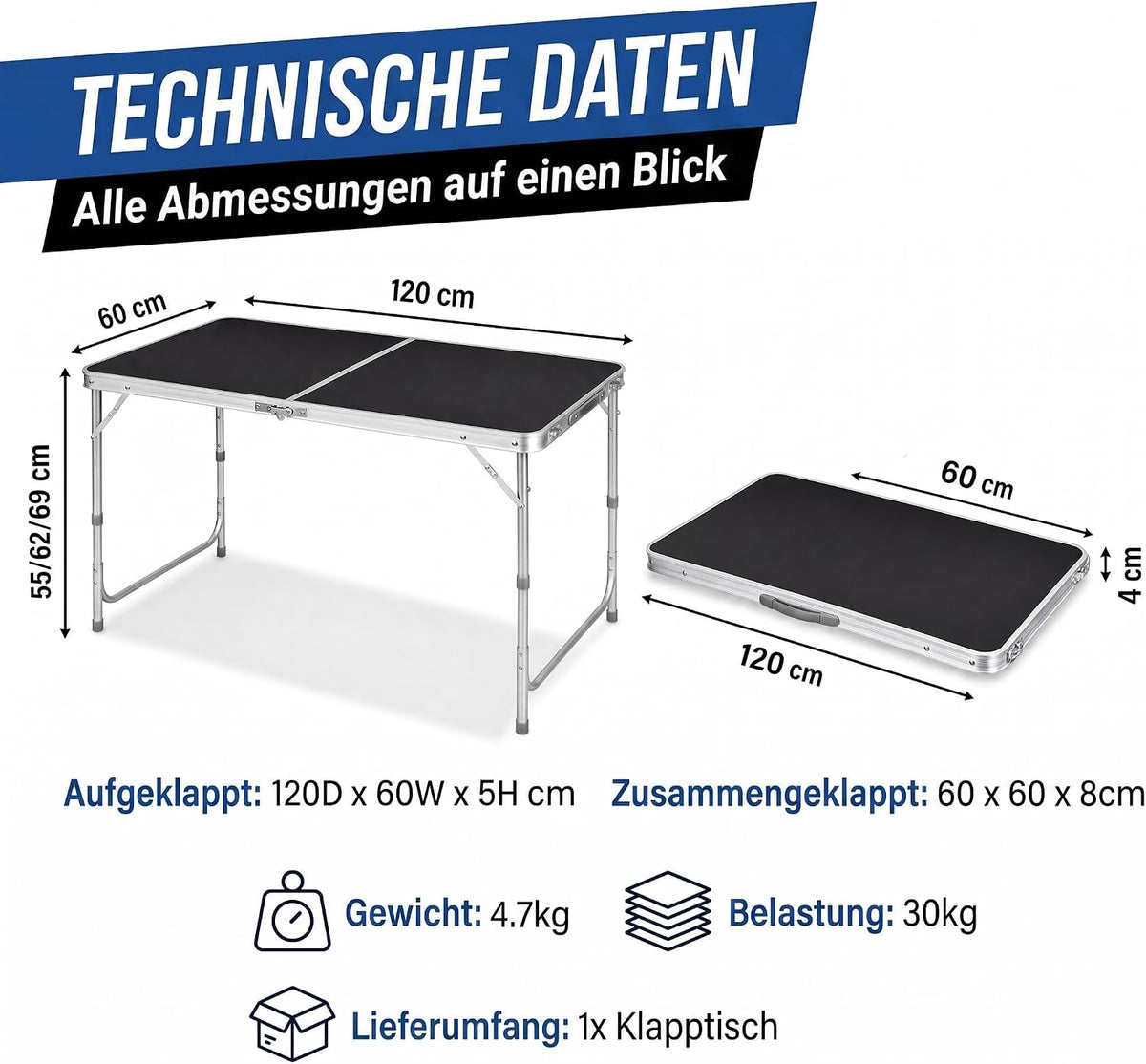 Klapptisch 120x60cm - Höhenverstellbarer Campingtisch Faltbar #Farbe_Schwarz