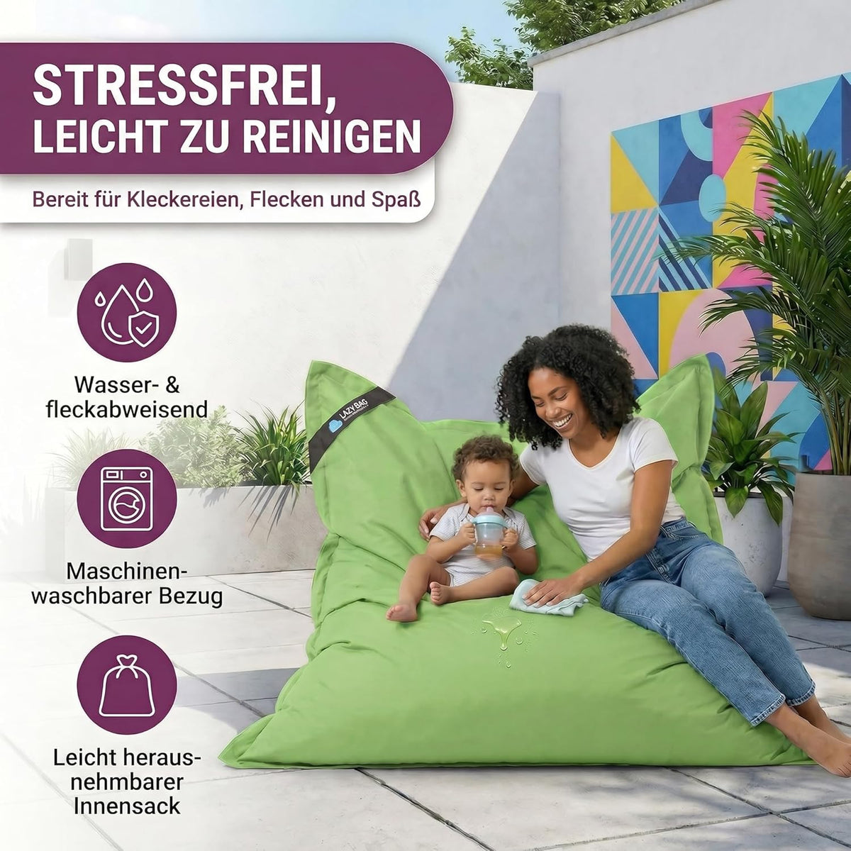 LazyBag Outdoor Sitzsack Junior – Wasserfestes Sitzkissen für Kinder #Farbe_Grün