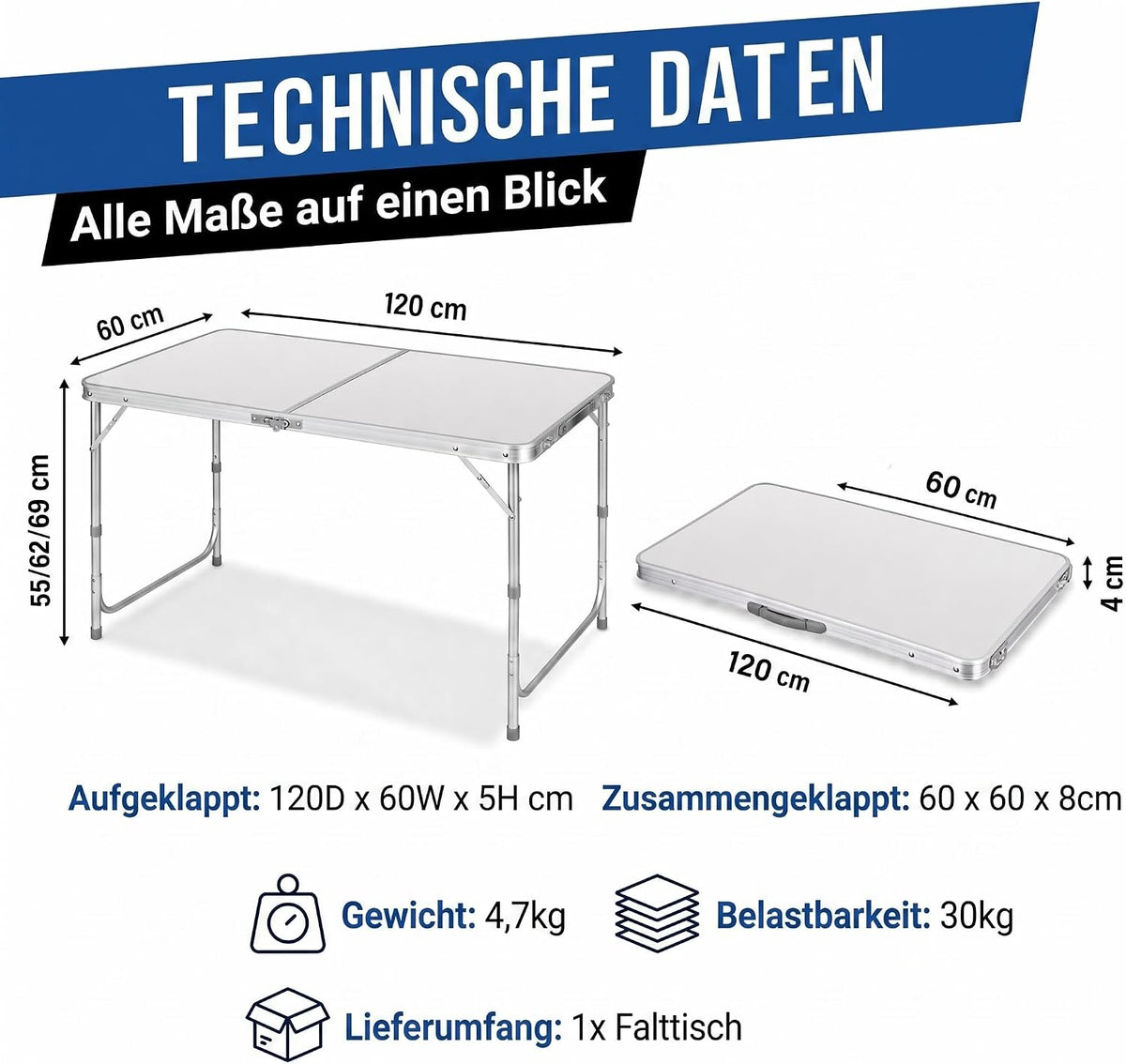 Klapptisch 120x60cm - Höhenverstellbarer Campingtisch Faltbar #Farbe_Weiß