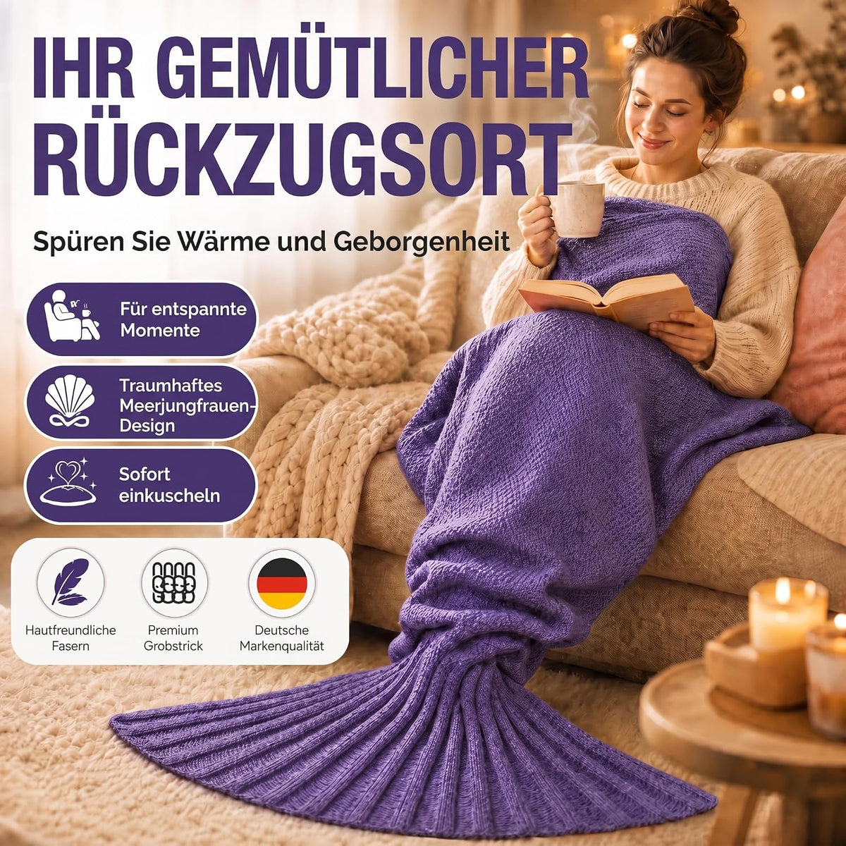 Feluna Meerjungfrau Kuscheldecke – 180x85 cm – Weiche Strickdecke #Farbe_Violett