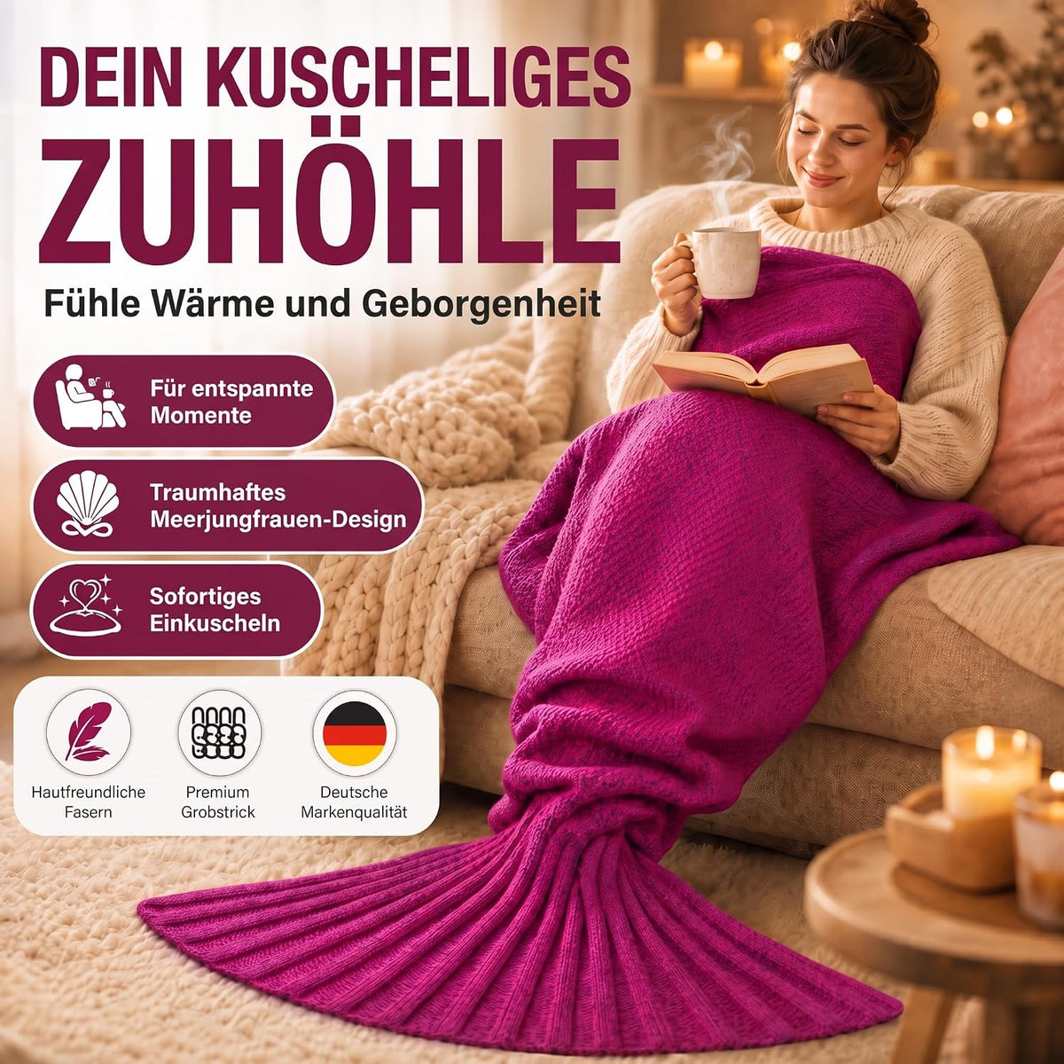 Feluna Meerjungfrau Kuscheldecke – 180x85 cm – Weiche Strickdecke #Farbe_Magenta