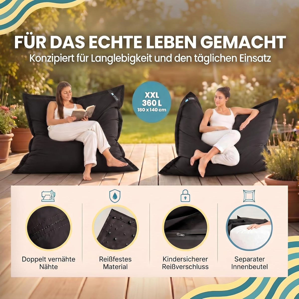 LazyBag XXL Outdoor-Nylon-Sitzsack Schwarz – Produktbild 33 #Farbe_Schwarz