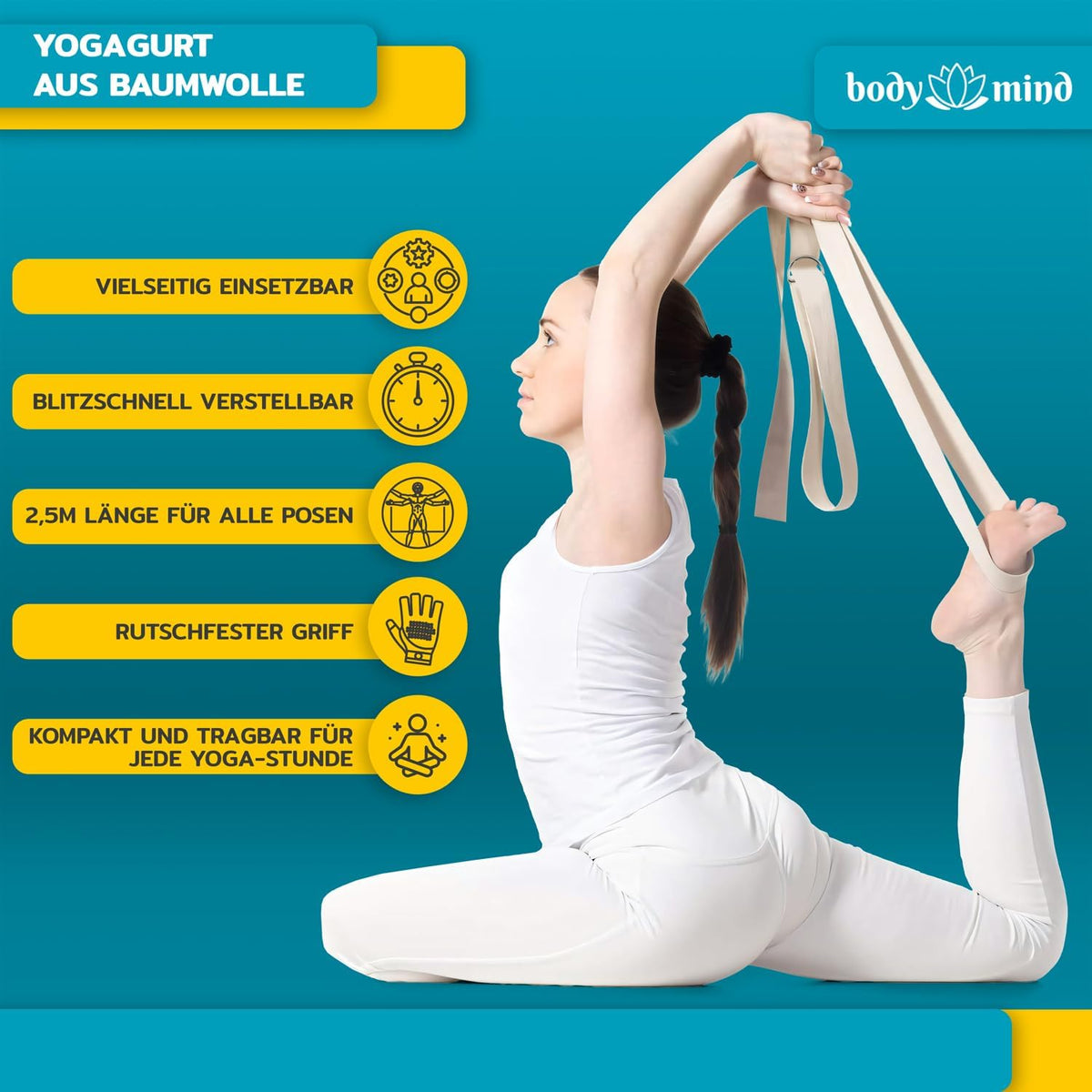 Yoga Gurt 250 cm mit Metall-D-Ring - Rutschfest & Langlebig #Farbe_Beige