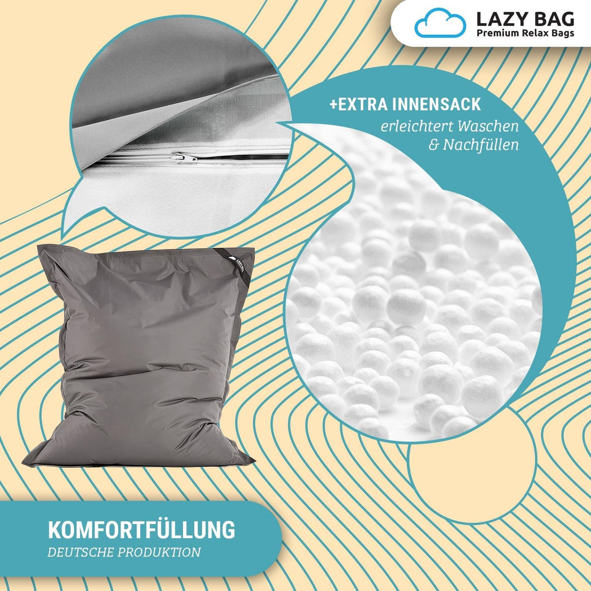 LazyBag Outdoor Sitzsack Junior – Wasserfestes Sitzkissen für Kinder #Farbe_Dunkelgrau
