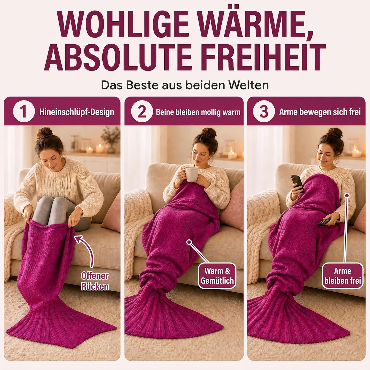 Feluna Meerjungfrau Kuscheldecke – 180x85 cm – Weiche Strickdecke #Farbe_Magenta