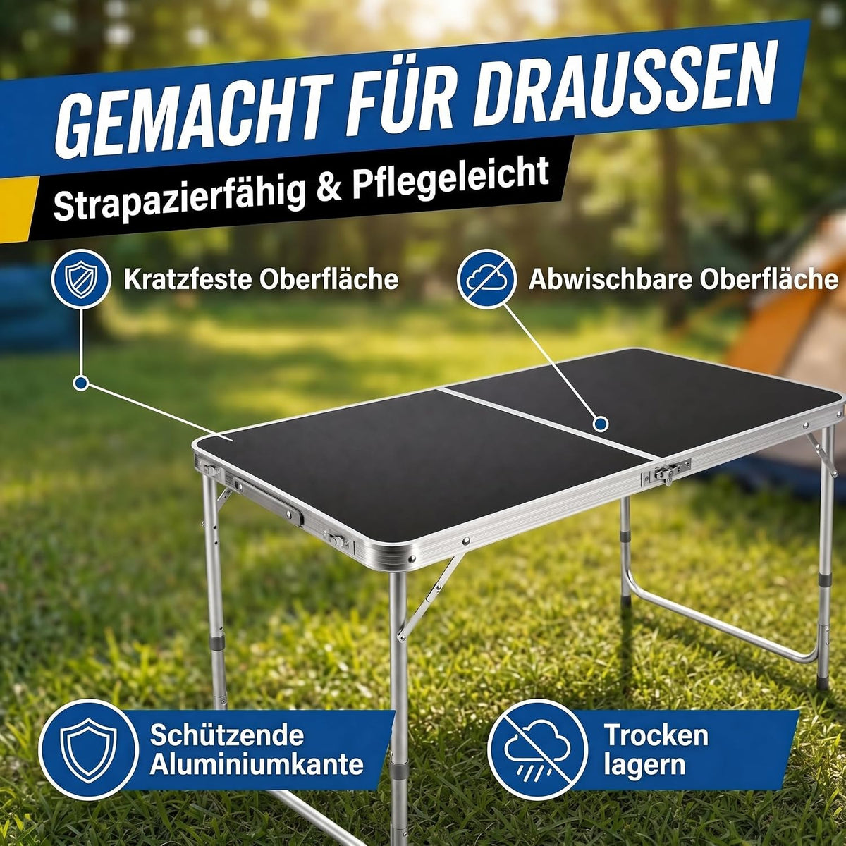 Klapptisch 120x60cm - Höhenverstellbarer Campingtisch Faltbar #Farbe_Schwarz