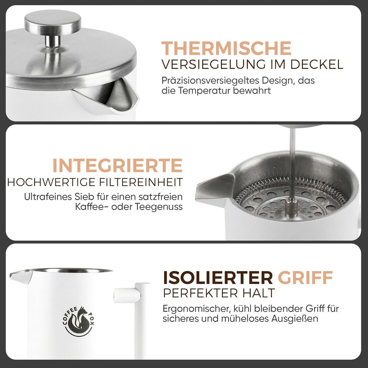 Coffee Fox French Press 350 oder 1000 ml – Doppelwandige Edelstahl-Kaffeekanne