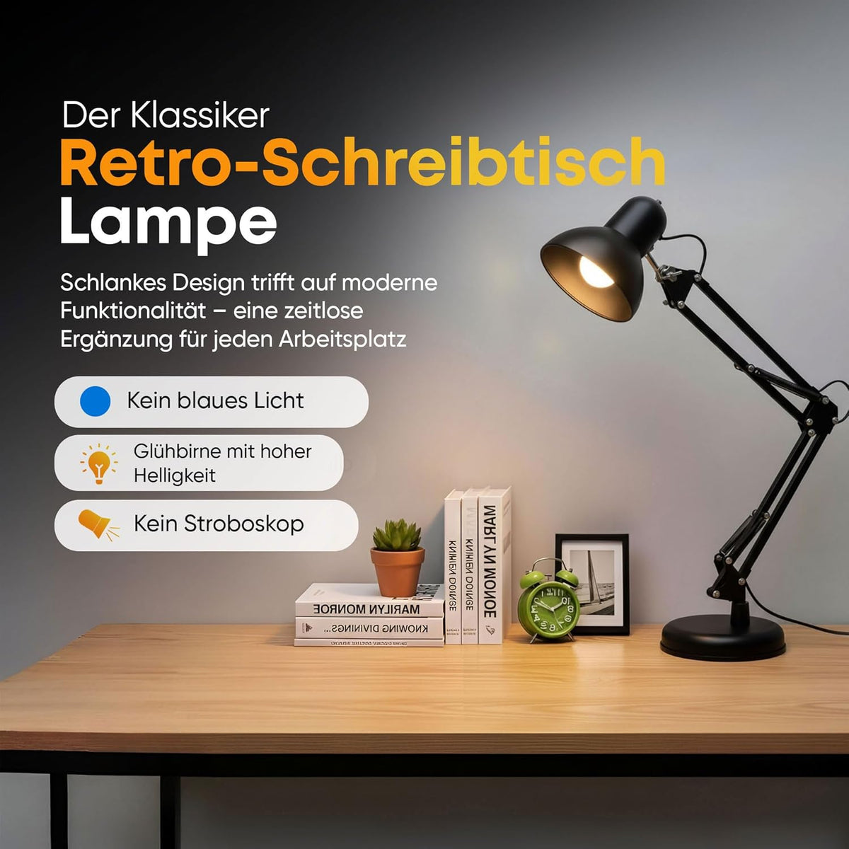 Retro Schreibtischlampe - Vintage Arbeitslampe mit Gelenk-Arm & LED #Farbe_Schwarz