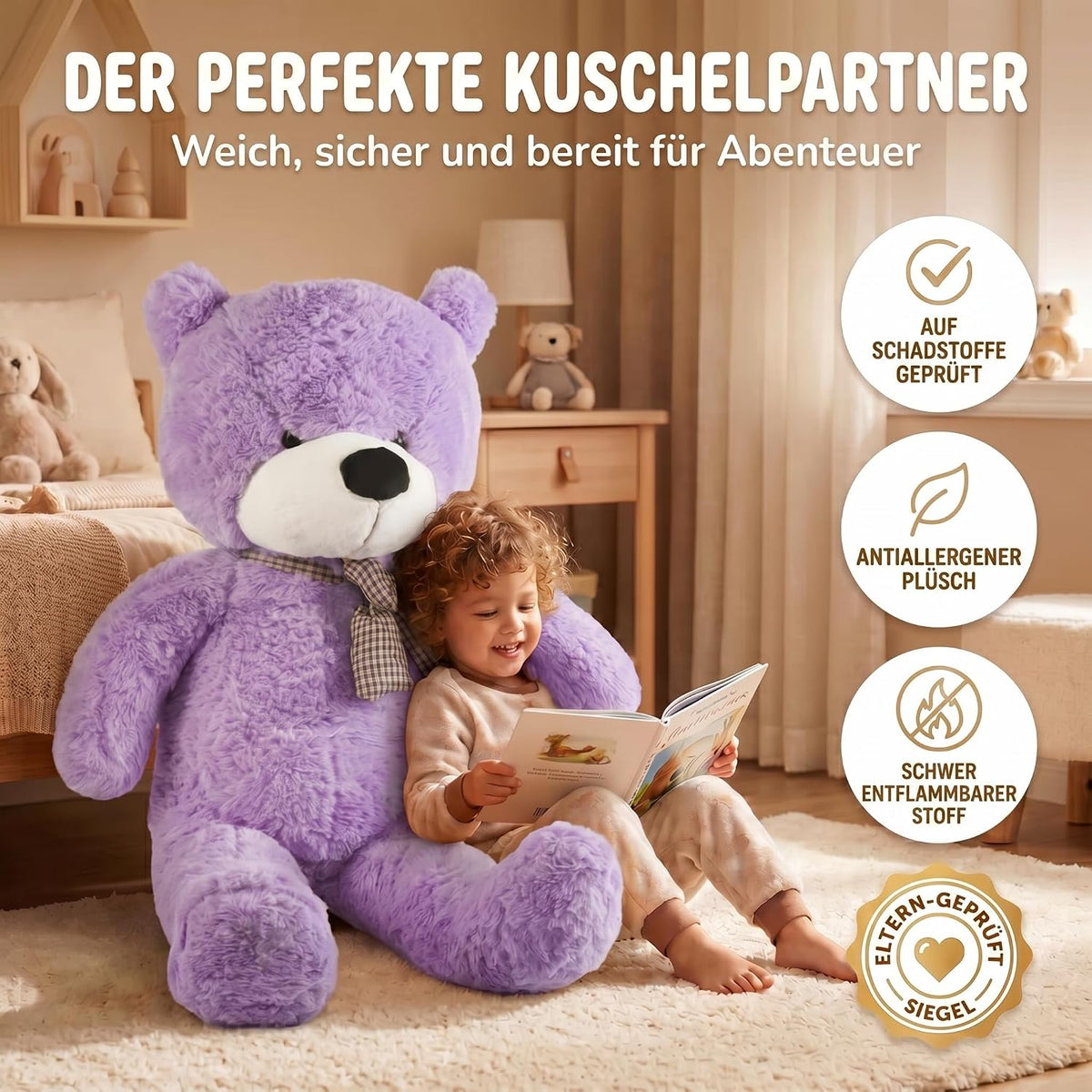 Riesen Teddybär 120 cm XXL – Kuscheliger Plüschbär Hellbraun #Farbe_Lila