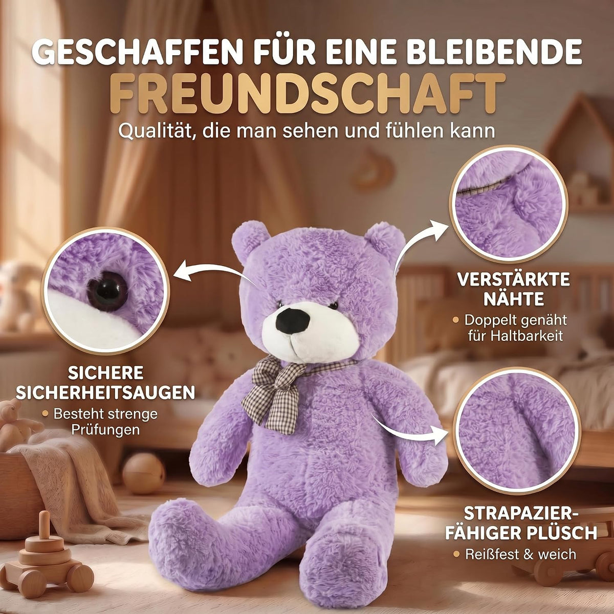 Riesen Teddybär 120 cm XXL – Kuscheliger Plüschbär Hellbraun #Farbe_Lila