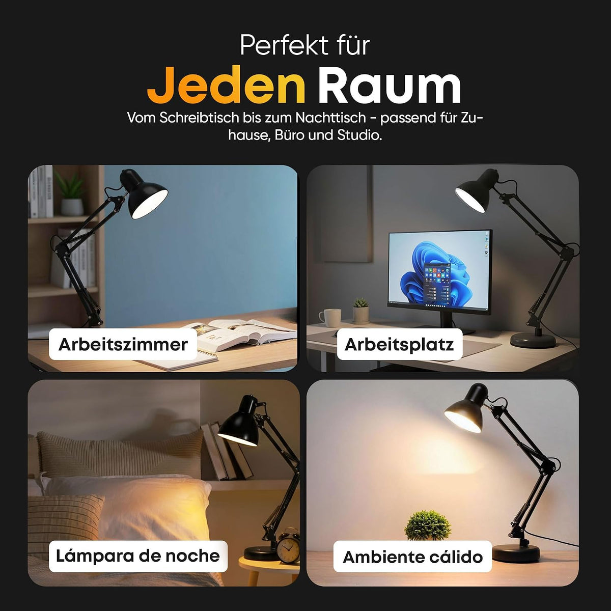 Retro Schreibtischlampe - Vintage Arbeitslampe mit Gelenk-Arm & LED #Farbe_Schwarz