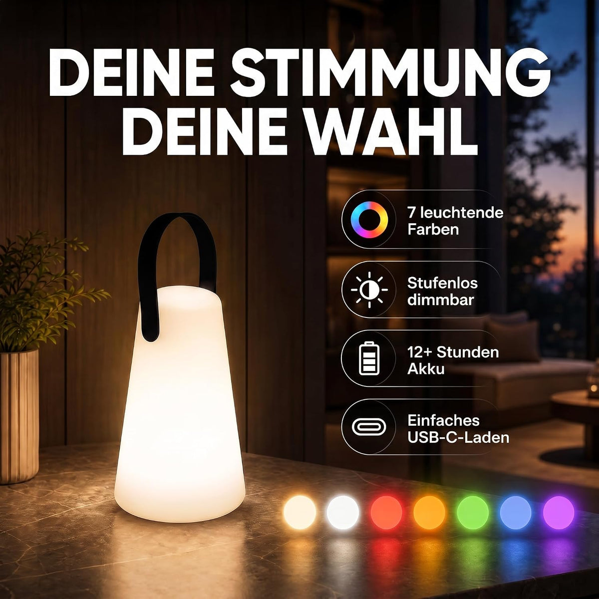 LED Outdoor Lampe mit Akku - Wasserfeste Tisch- & Hängeleuchte #Variante_Lampe mit Aufhänger