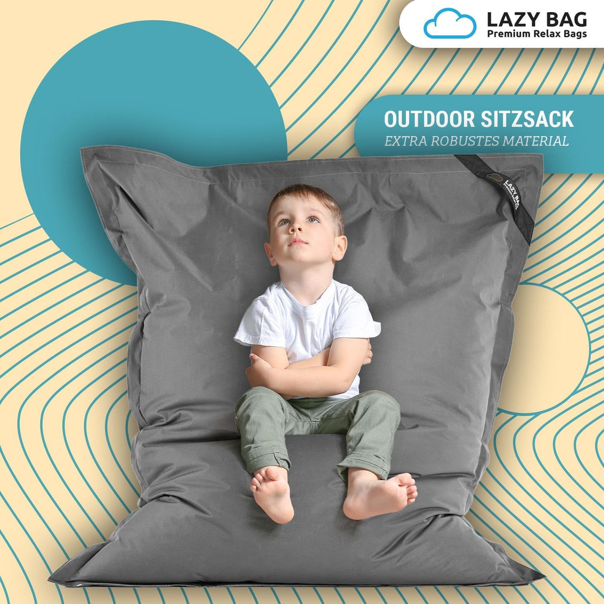 LazyBag Outdoor Sitzsack Junior – Wasserfestes Sitzkissen für Kinder #Farbe_Dunkelgrau