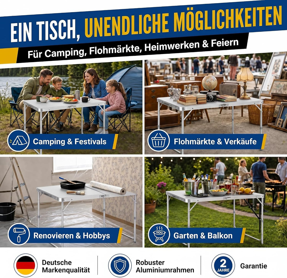 Klapptisch 120x60cm - Höhenverstellbarer Campingtisch Faltbar #Farbe_Weiß