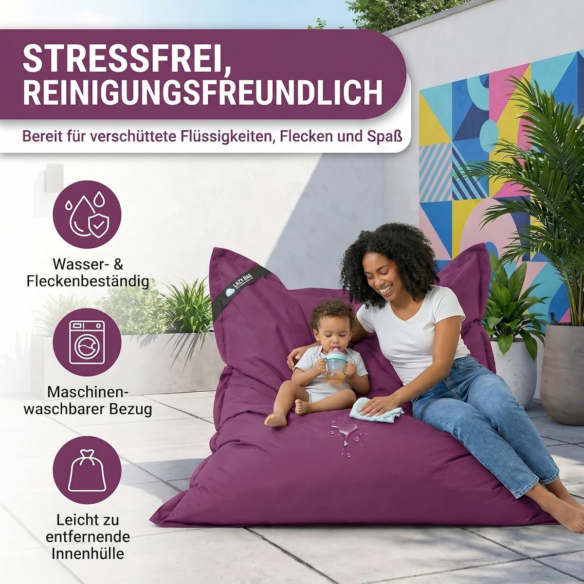 LazyBag Outdoor Sitzsack Junior – Wasserfestes Sitzkissen für Kinder #Farbe_Violett