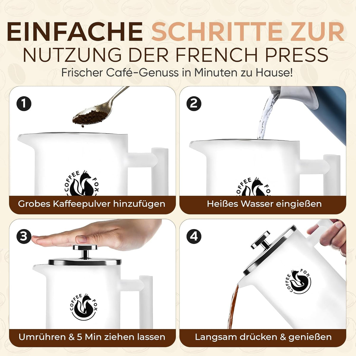 Coffee Fox French Press 350 oder 1000 ml – Doppelwandige Edelstahl-Kaffeekanne