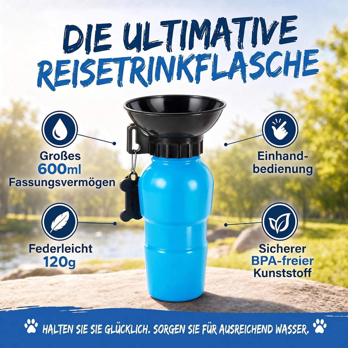 Hunde-Trinkflasche 600ml mit Napf – Auslaufsicher für Unterwegs #Farbe_Blau