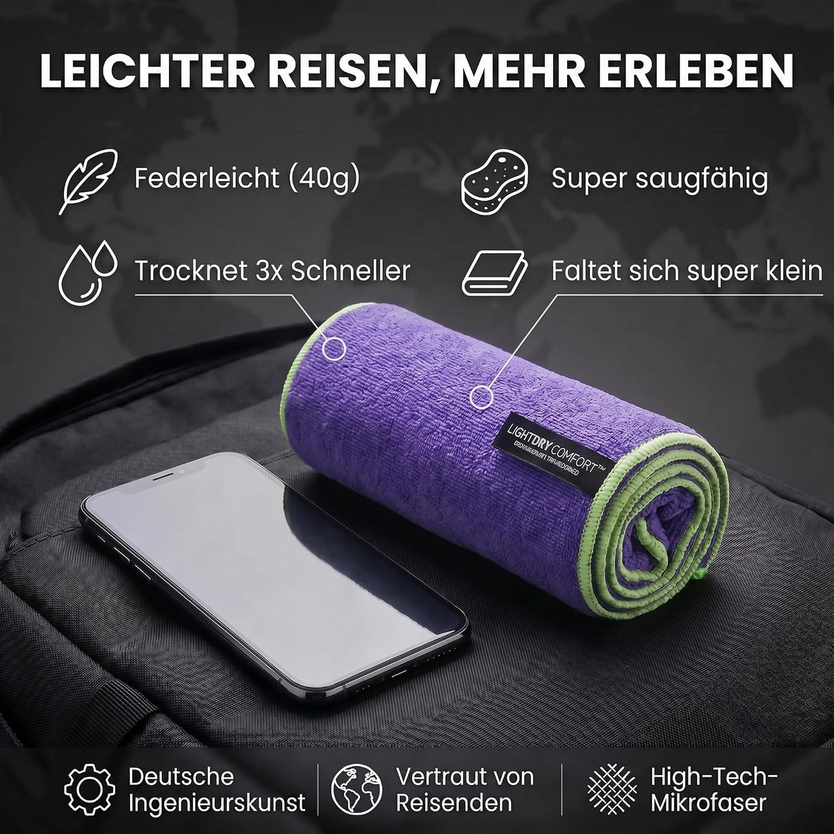 Mikrofaser Reisehandtuch 80x40 cm - Schnelltrocknend & Kompakt Lila