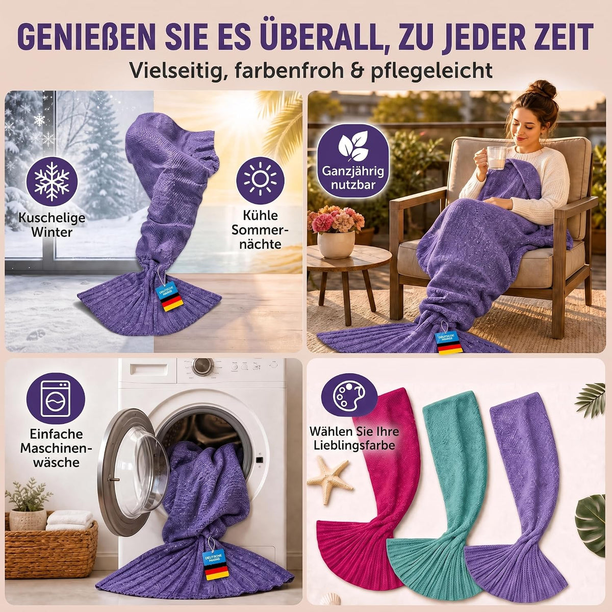 Feluna Meerjungfrau Kuscheldecke – 180x85 cm – Weiche Strickdecke #Farbe_Violett