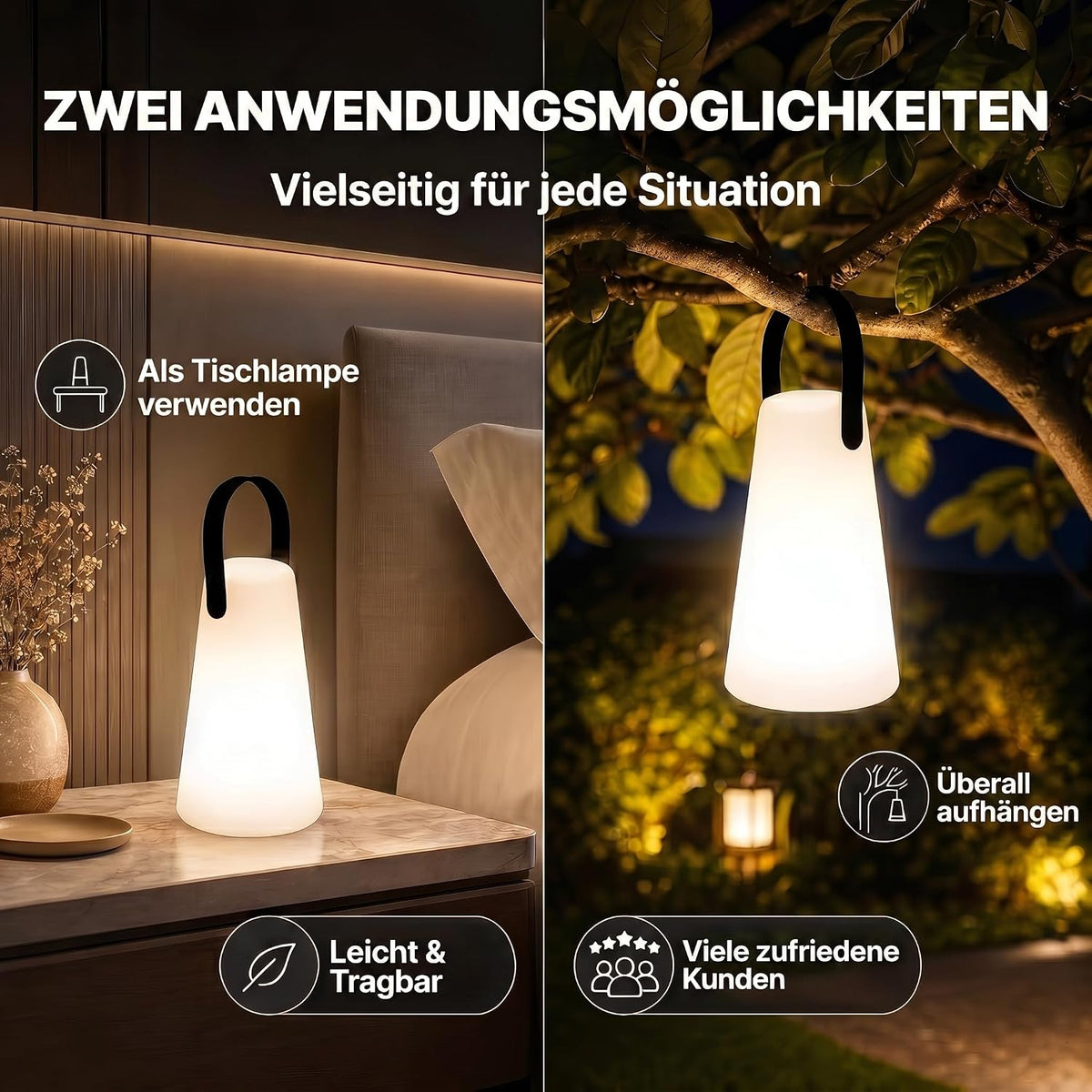 LED Outdoor Lampe mit Akku - Wasserfeste Tisch- & Hängeleuchte #Variante_Lampe mit Aufhänger