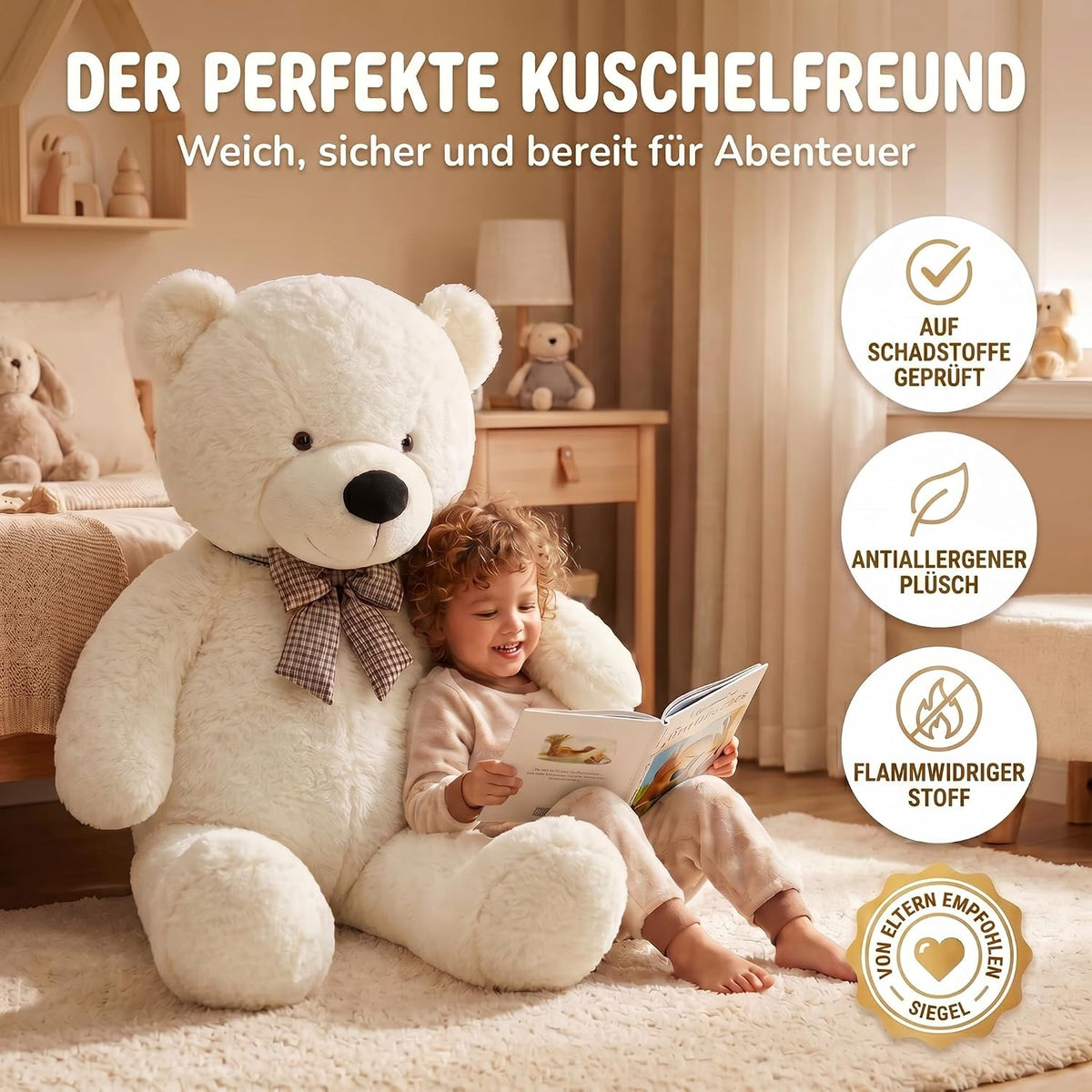 Riesen Teddybär 120 cm XXL – Kuscheliger Plüschbär Hellbraun #Farbe_Weiß