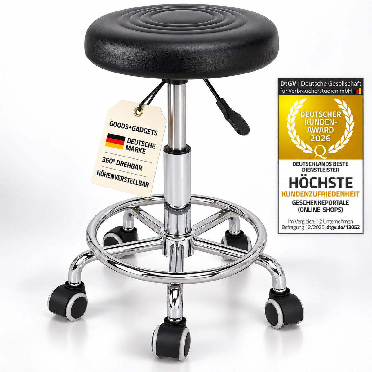 Rollhocker schwarz, Marke und Features auf Banderole, ohne Prüfengel #Farbe_Schwarz