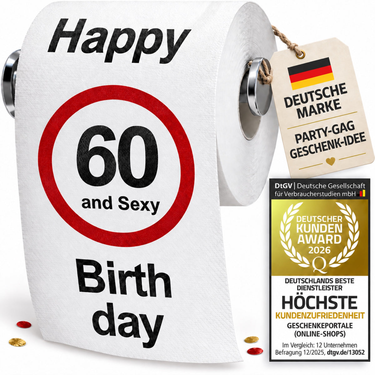 Geburtstagstoilettenpapier 60 – Happy and Sexy Birthday, Geschenkidee mit Deutsche-Marke-Anhänger