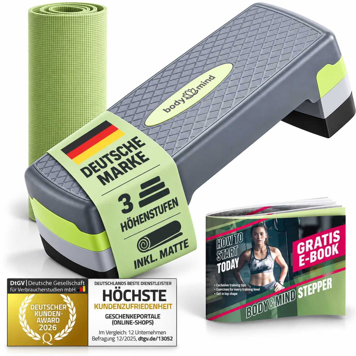 body&mind Stepper Elite – 3 Höhenstufen, Matte und Gratis-E-Book; Deutsche Marke