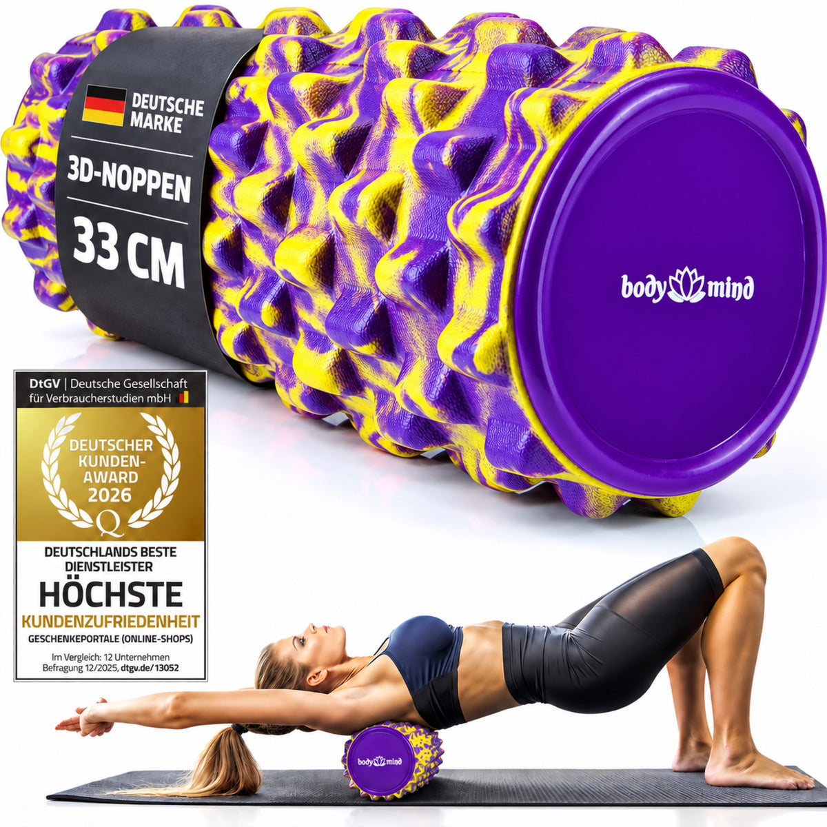 Body & Mind Faszienrolle Gelb-Lila mit 3D-Noppen, Anwendungsbeispiel und Deutscher Kunden Award 2026 #Farbe_Gelb-Lila