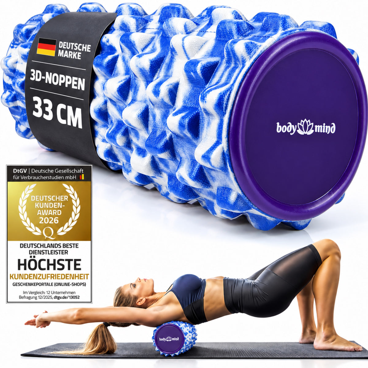 Body & Mind Faszienrolle Blau-Weiß mit violetter Endkappe, Anwendungsbeispiel und Deutscher Kunden Award 2026 #Farbe_Blau-Weiß