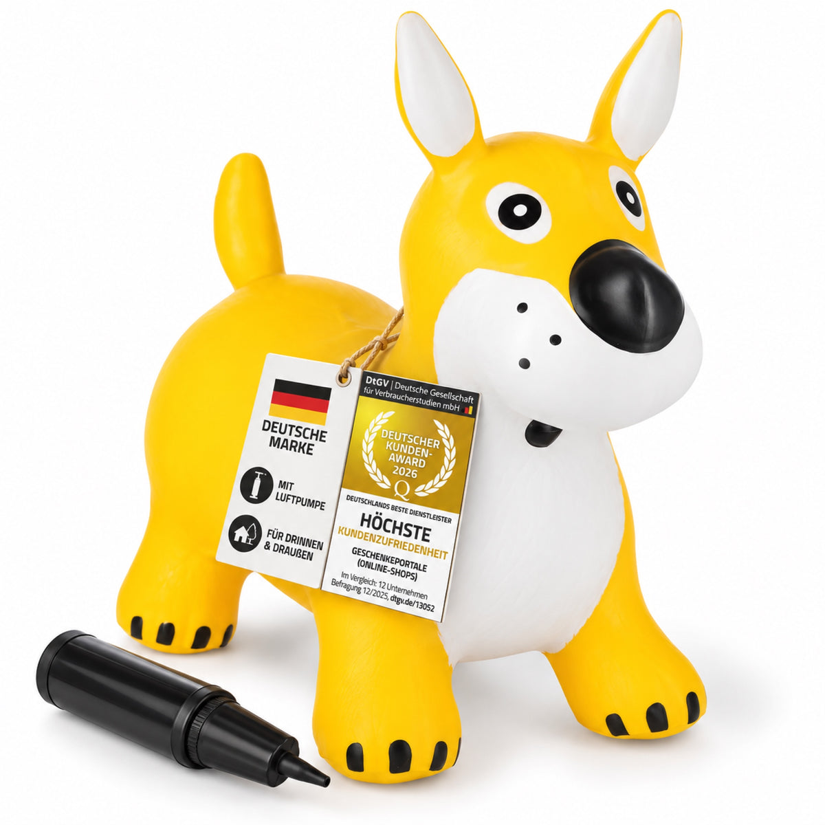 Hüpftier Hund mit DtGV-Siegel, deutscher Marke und Produktmerkmalen