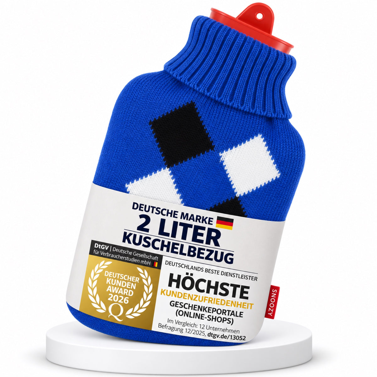 Snoozy 2L Wärmflasche mit blauem Karo-Bezug und integrierter Banderole