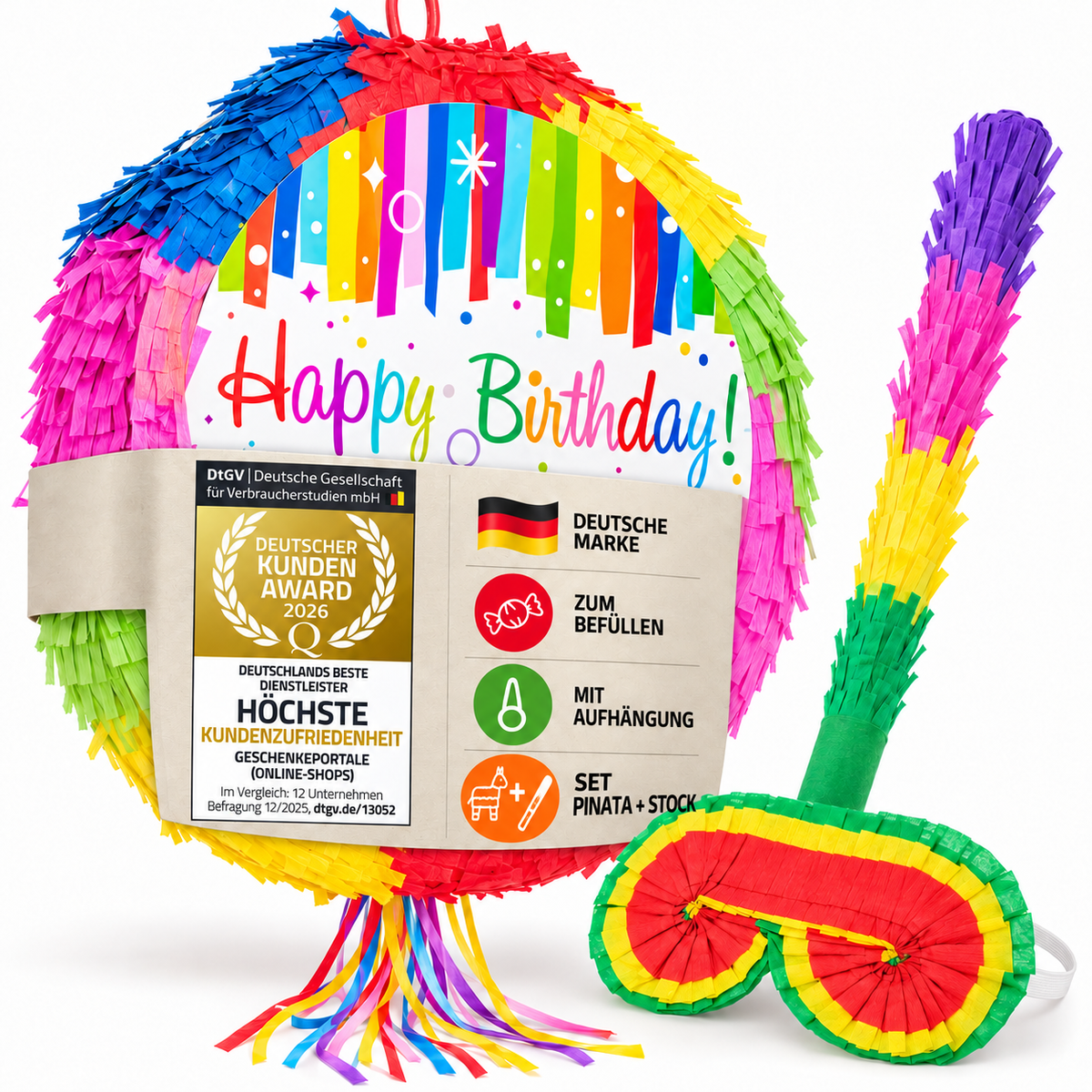 Piñata Set für Kindergeburtstag mit Stab & Augenmaske – Bunter Spaß